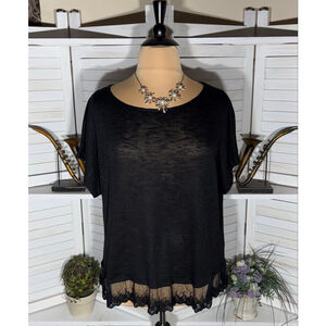 Torrid black knit blouse top embroidered sheer lace aplique short sleeves sz 3X